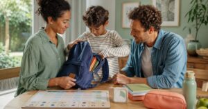 Parents préparant sereinement le cartable de rentrée avec leur enfant TDAH
