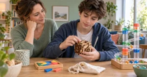 Un adolescent explore trois jeux de logique sans écran avec un parent à ses côtés