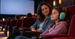 Enfant portant un casque anti-bruit au cinéma, assise calmement à côté d’un parent