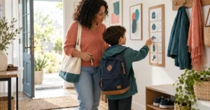 Un enfant vérifie une checklist visuelle près de la porte avec un parent avant de partir