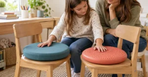 Un enfant compare un coussin dynamique avec housse et un disque à picots avec un parent