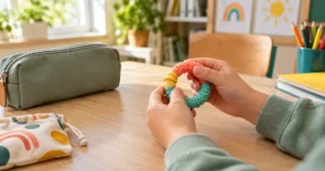 Mains d’un enfant manipulant un anneau sensoriel coloré sur un bureau d’école, près d’une trousse et d’une pochette en tissu