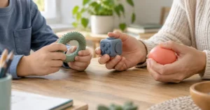 Un enfant et un adulte comparent une bague sensorielle, un cube fidget et une balle souple sur une table