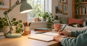Enfant écrivant dans un cahier sous une lampe de bureau réglable à lumière douce