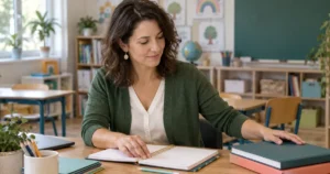 Une enseignante prépare des livres et un carnet dans une classe calme