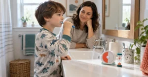 Un enfant se brosse les dents devant un minuteur visuel et un sablier, accompagné calmement par un parent