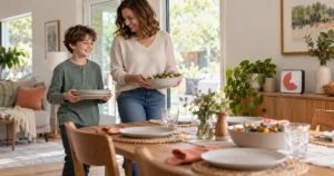 Un enfant et sa mère préparent une table familiale près d’un minuteur visuel analogique