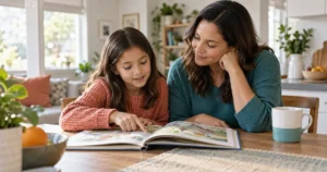 Un parent et un enfant lisent ensemble un livre illustré à une table dans une pièce lumineuse
