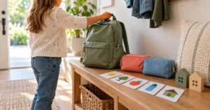 Enfant prenant son cartable près de cartes visuelles et de deux maisons en bois