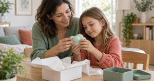 Un parent et une enfant examinent ensemble un squishy sensoriel vert à une table dans une maison lumineuse